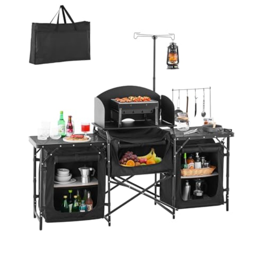 Camping Kitchen Table, Outdoor - đánh giá và giá Camping Cooking Table With Storage