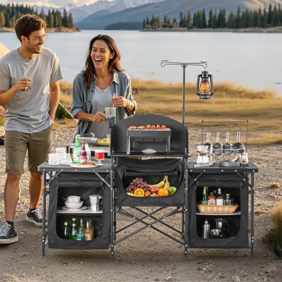Camping Kitchen Table, Outdoor - đánh giá và giá Camping Cooking Table With Storage